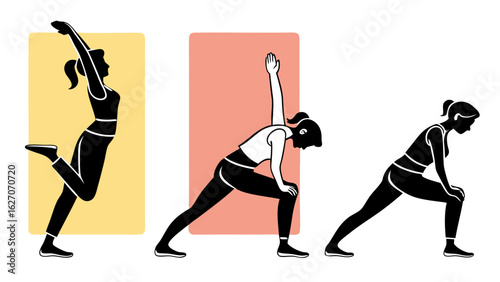 Dynamic Series of Women Engaging in Various Fitness Exercises with Colorful