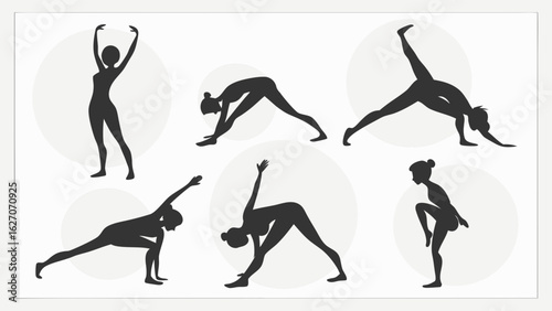 Silhouettes of Diverse Yoga Poses in Various Dynamic Movements on White