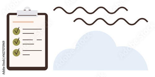 Clipboard with checklist ticks, wavy lines, and cloud conveys organization, task management, workflow, planning, efficiency, clarity and focus. Ideal for productivity metaphors in simple flat design