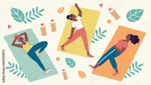 Three Women Engaging in Indoor Fitness Activities with Water Bottles and Leaves