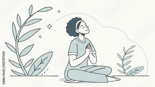 Young Woman Meditating Peacefully Surrounded by Leaves in Minimalist
