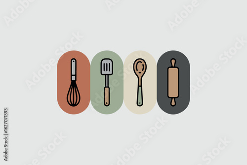 Clean and modern vector  kitchen utensils baking tools icon set cooking equipment whisk spatula spoon roller