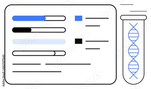 DNA helix in test tube alongside progress bars, text lines, and graphical elements for research, genetics, analysis, precision medicine, biotechnology, healthcare innovation. Ideal for simple flat