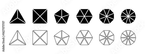 Geometric shapes divided into equal parts isolated on white background. Triangle, square and pentagon, hexagon, octagon and decagon shapes cut in sectors. Vector graphic illustration.