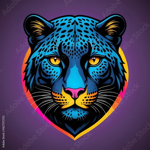 Vibrant blue leopard head illustration, a powerful big cat mascot with glowing yellow eyes. Stylized predator portrait for branding.