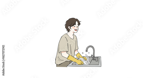 Vector Illustration of a Young Man Washing Dishes in a Modern Style with Soft Color Palette