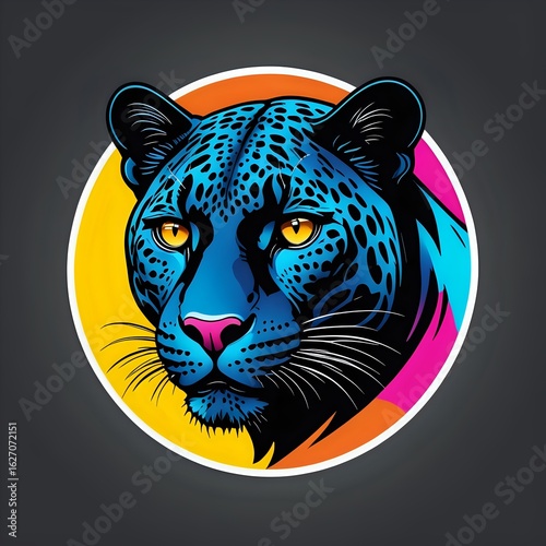 Vibrant pop art illustration of a blue panther head in a colorful circle. Stylized graphic design of a majestic wild cat.