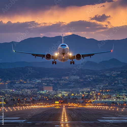 Airplane landing at sunset over city (11)