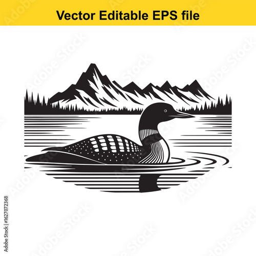Vector art of loon swimming in a lake with mountains and trees long horn, , long horn
