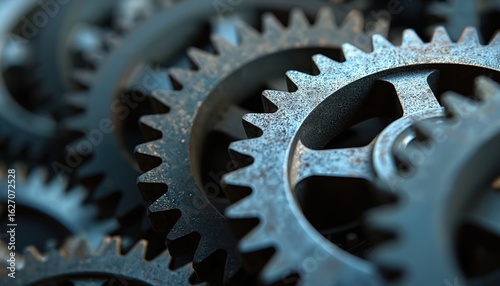 Detailed closeup of interlocking metal gears intricate industrial engineering, manufacturing processes. Precision metal components forming complex machinery system. Durable hardware demonstrates