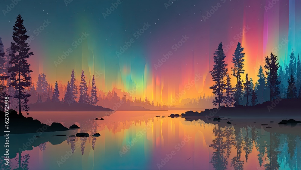 Fototapeta premium Aurora borealis over a serene forest lake