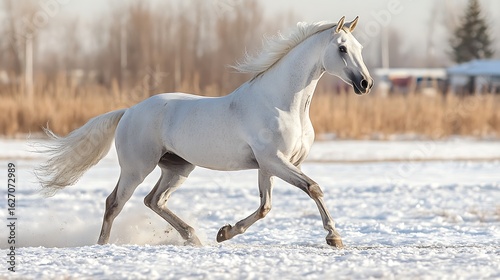 Arabian horse running through snowy field. Graceful white stallion in winter landscape. Elegant movement and power of purebred horse. Majestic scene of equine beauty