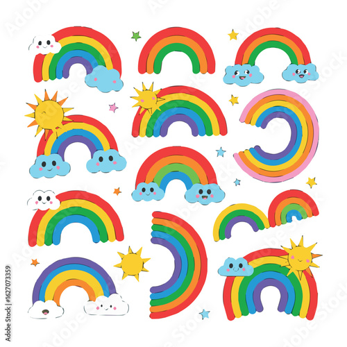 Clean and modern vector  rainbows clouds sun stars colorful vector illustration clip art graphic design