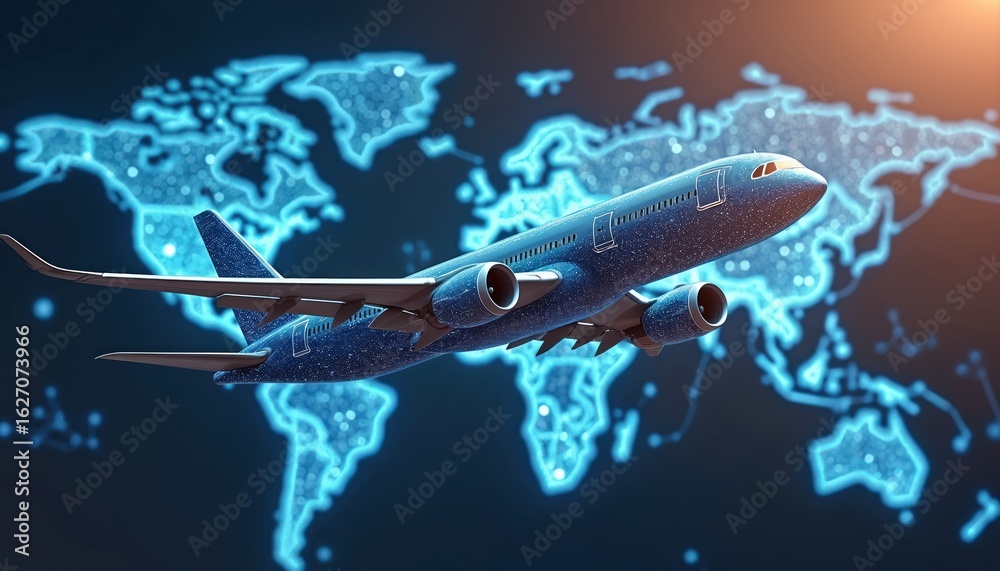 Naklejka premium Blue airplane soars through digital world map. Modern aircraft flies over global connections, high-tech innovation. Smart air travel, logistics, future of aviation technology. Central, vibrant blue
