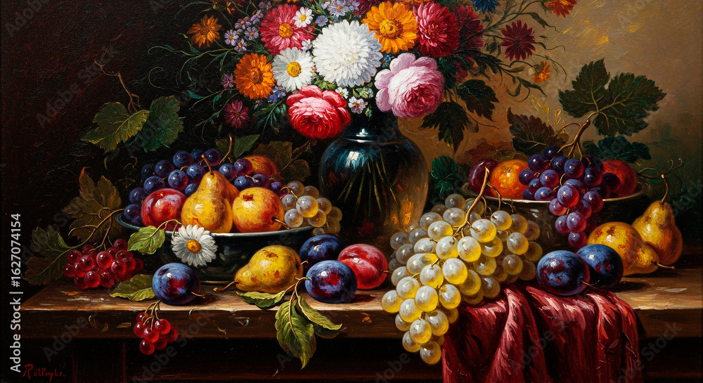 Fototapeta premium A still life painting featuring a vase of flowers and a bowl of fruit on a wooden surface with dark background