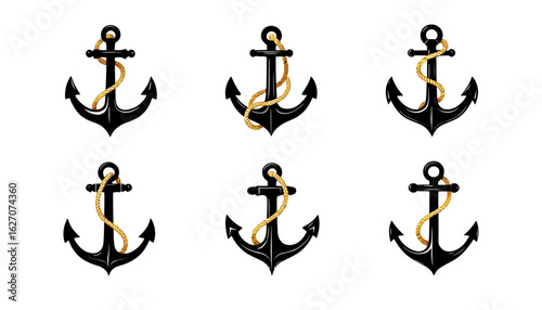 Set of six vector anchors with ropes, perfect for nautical designs, maritime themes, or any project needing a touch of seafaring adventure and symbolism.