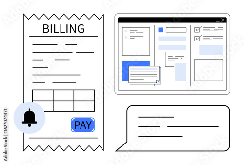 Billing receipt with a payment button, a notification alert, and a user interface with interactive elements. Ideal for finance, e-commerce, invoicing, digital payment, budgeting, reminders