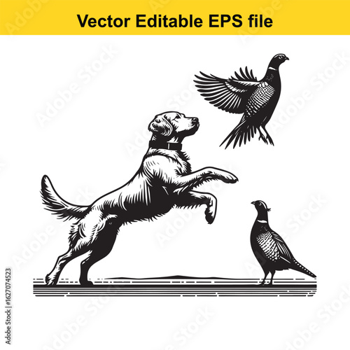 Vector art of dog and birds illustration isolated on white background long horn, , long horn