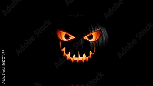 Fiery Orange Glowing Eyes Carved Halloween Pumpkin Emerge Deep Darkness, Dramatic Closeup Against Stark Black Background, Creating Intense Contrast Menacing, Spooky Atmosphere Its Light
