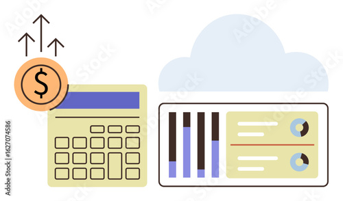 Calculator with dollar coin and upward arrows next to analytics dashboard and cloud. Ideal for finance, growth, technology, data analysis, investment, cloud computing, digital business. Simple flat