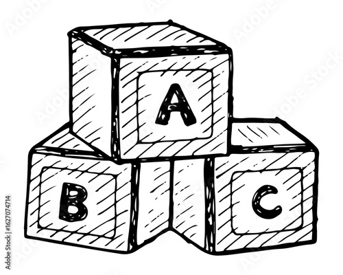 Alphabet blocks, ABC learning toy, children's education vector hand drawn.