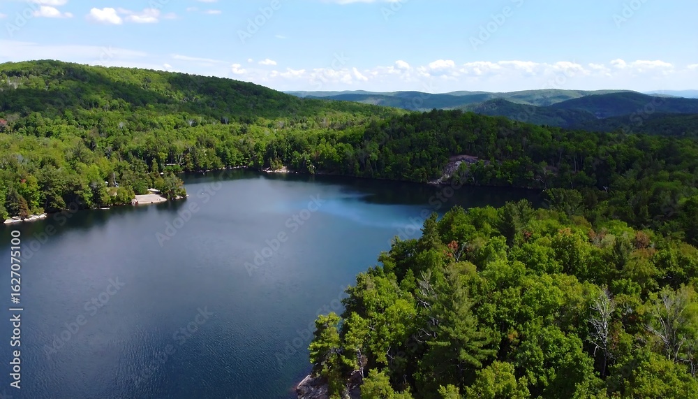 Obraz premium Panoramic view of a lake nestled amongst lush hills