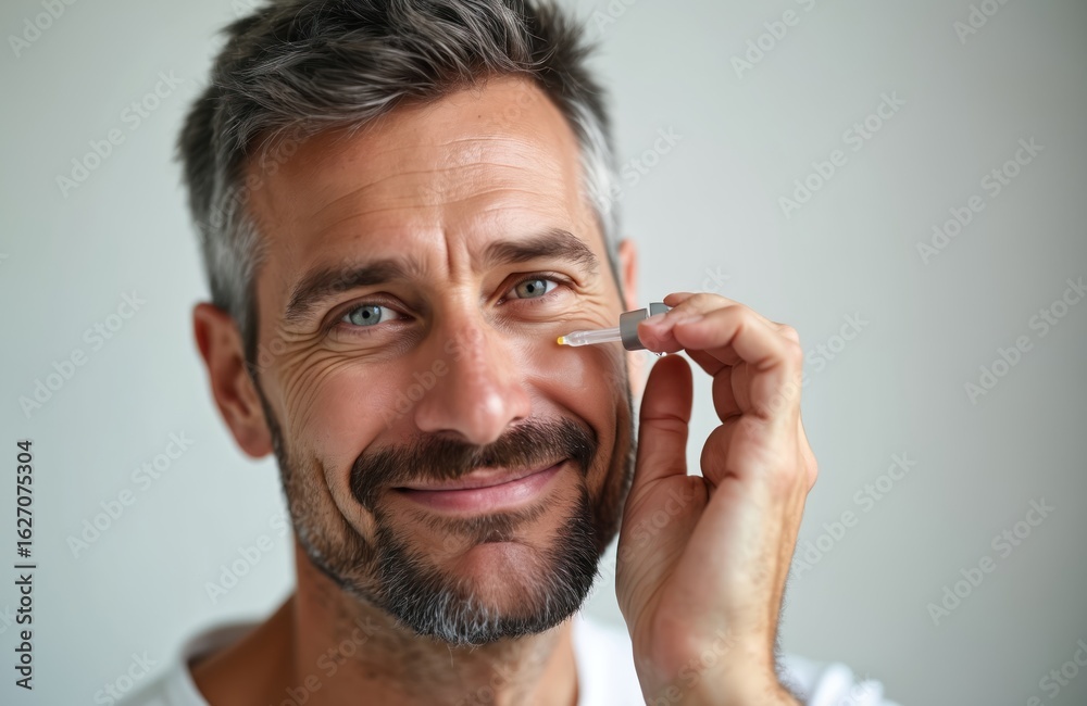 Fototapeta premium Middle-aged man applies face serum to clean skin. Mature male, grey hair, blue eyes, short beard. Skincare routine for men, grooming, healthy appearance, confidence boost with cosmetic facial
