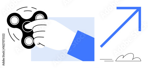 Hand holding a fidget spinner in motion, accompanied by a bold arrow and abstract elements. Ideal for themes of productivity, relaxation, focus, habits, innovation, stress relief, self-improvement
