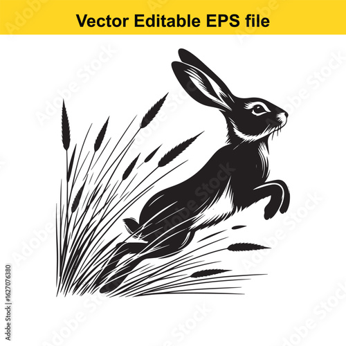 Vector art of running hare in grass isolated on white background long horn, , long horn