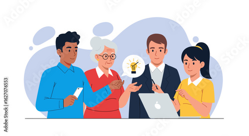 Diverse business team collaborates on innovative ideas. Multi-generational group brainstorming new strategies using technology, fostering teamwork and success.