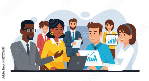 Diverse business team collaborating on financial growth and strategy during a productive meeting in a modern office setting. Teamwork and success concept.