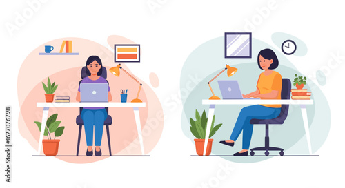 Two women focused on their laptops, working remotely from comfortable home offices. Ideal for concepts of productivity, online education, and modern digital work lifestyle.