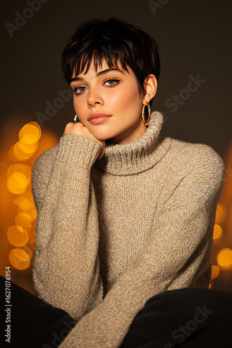 model portrait pixie haircut turtleneck sweater indoor stylish woman sitting in cozy room