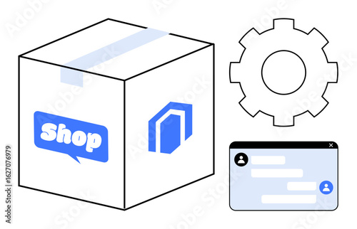 Package box with shop logo, gear symbol for settings, and a chat window. Ideal for e-commerce, retail, customer support, logistics, software integration, automation simple landing page