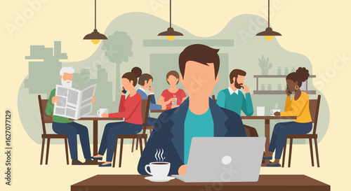 A man works on his laptop in a busy cafe, representing modern remote work and digital nomad lifestyle amidst social interaction and cafe culture.
