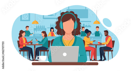 Woman with headphones working on a laptop in a bustling cafe, representing remote work, digital nomad lifestyle, and modern productivity. Ideal for business, tech, or lifestyle concepts.