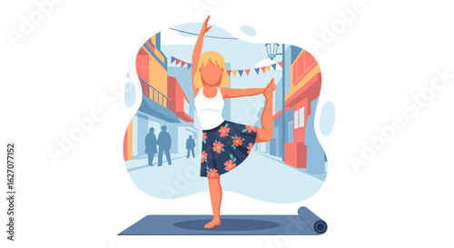 Woman practicing a yoga pose on a mat in an urban street, promoting balance, wellness, and an active lifestyle amidst city vibrancy.