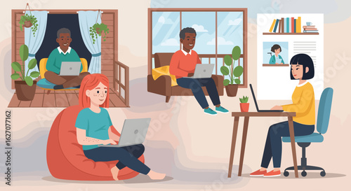 Diverse people working remotely from home in comfortable settings, highlighting modern work flexibility, productivity, and online connectivity.