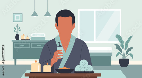 Relaxed man in a luxurious robe enjoying self-care and tranquility at a spa or wellness center, surrounded by calming elements.