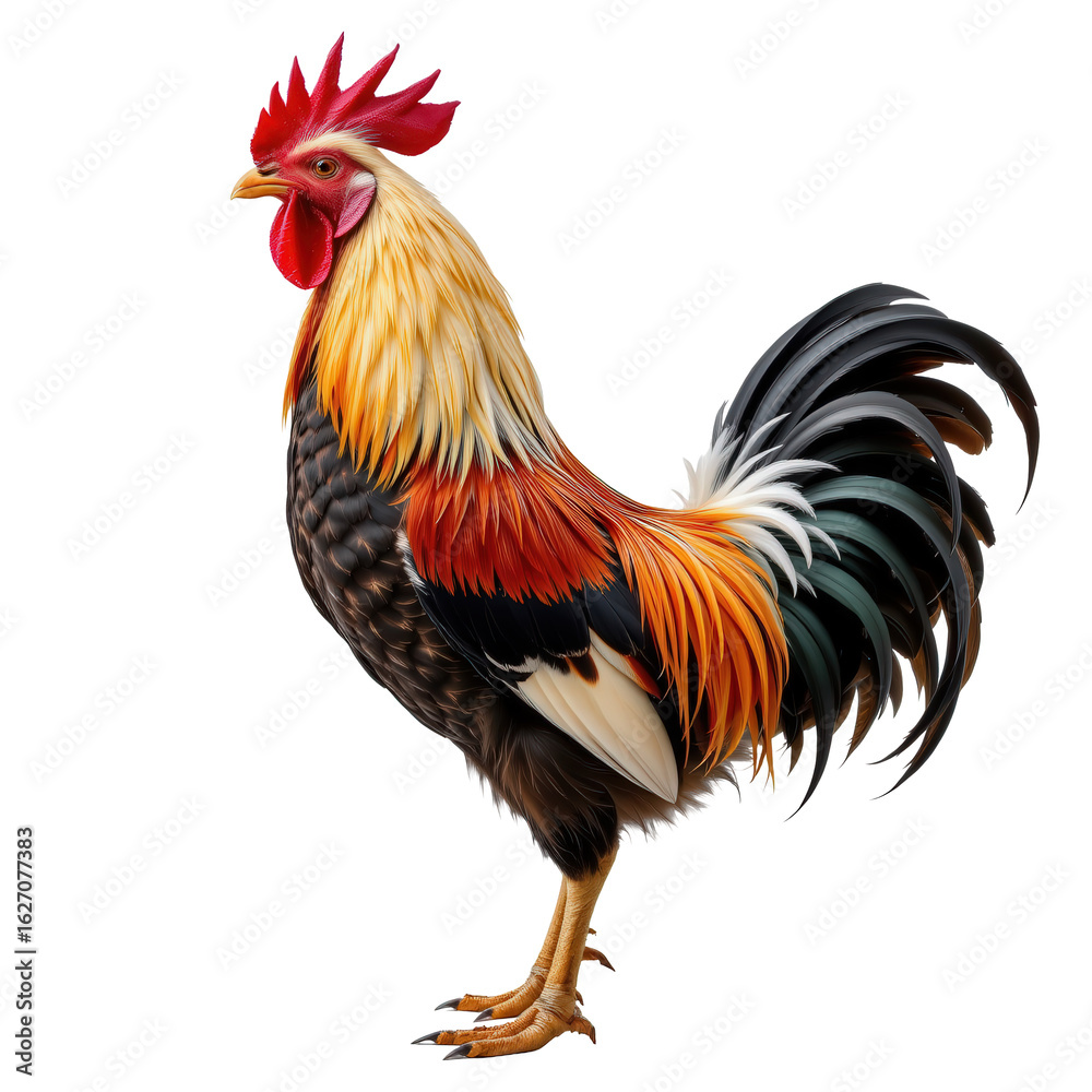 Fototapeta premium Vibrant Rooster Displaying Colorful Feathers and Majestic Stance