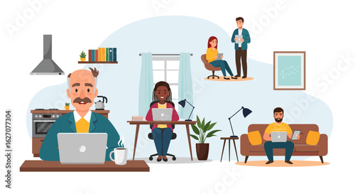 Diverse people working remotely from home using laptops and tablets, illustrating modern flexible work and digital communication lifestyles.