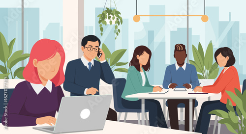 Diverse business team collaborating in a modern office. Professionals work, brainstorm, and utilize technology in a dynamic corporate environment.