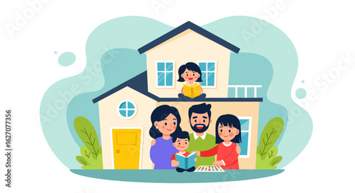 Happy family enjoying quality time and learning at home. Parents and children share moments of reading and creative activities in their cozy house.