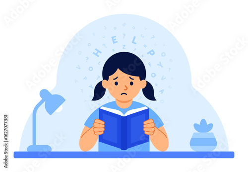 Girl struggling to read book with swirling letters symbolizing dyslexia. Word blindness, learning disability, education, mental health concept. Flat vector illustration isolated on white background