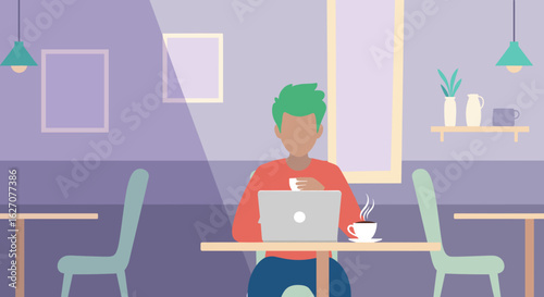 Person with green hair works remotely on a laptop in a cozy cafe, enjoying coffee. Ideal for concepts of productivity, digital nomad lifestyle, and flexible work.