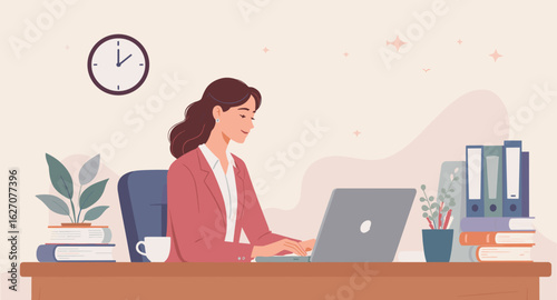 Professional woman working diligently on a laptop at her office desk. Ideal for concepts of productivity, remote work, business, and technology.