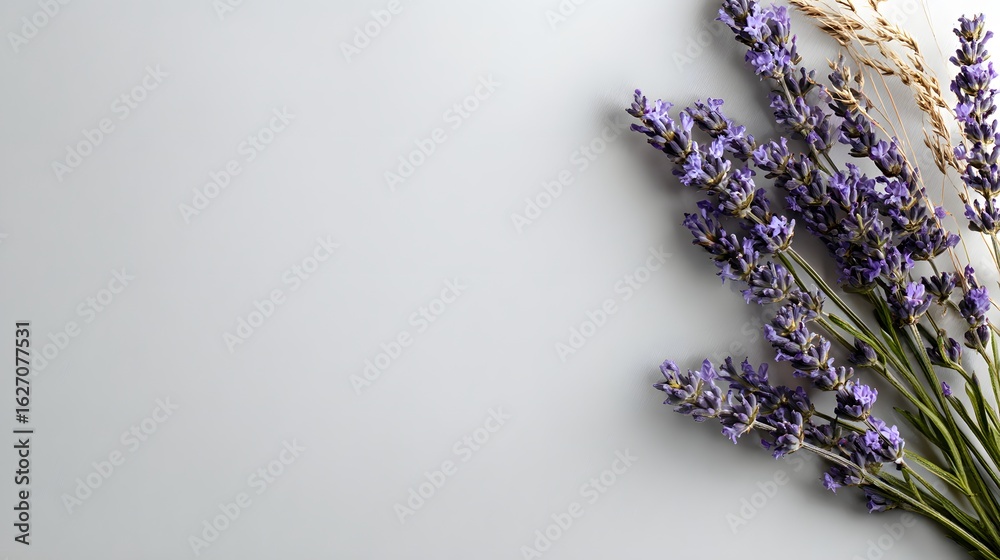 Fototapeta premium Purple lavender blooms with elegant wheat grass on a clean white backdrop. A celebration of nature's beauty and serenity in soft focus.