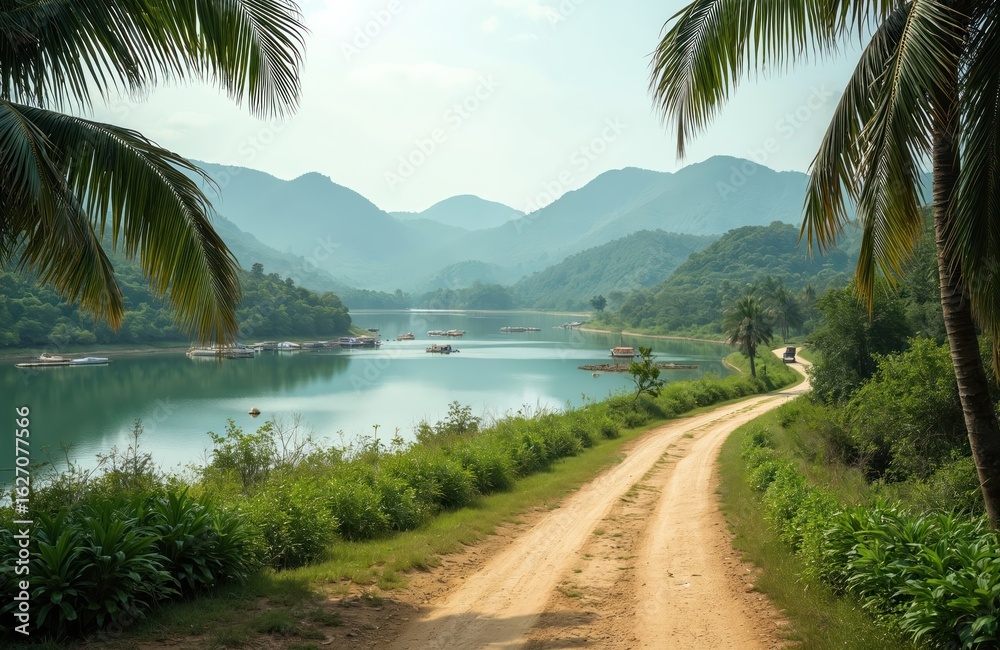 Obraz premium Beautiful tropical landscape with a serene lake, rich green hills, and a winding dirt road. Palm trees frame the scene. Small boats dot the calm water, reflecting the hazy blue sky and mountains.