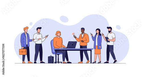 Diverse business team collaborating in a modern office, utilizing technology for communication and project development. Ideal for corporate concepts.