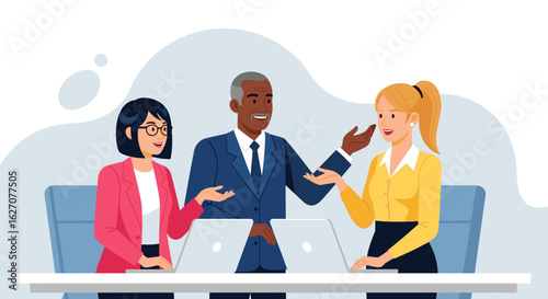 Diverse business professionals collaborate in a modern office meeting, discussing ideas and planning strategy. Teamwork, communication, and corporate success concept.